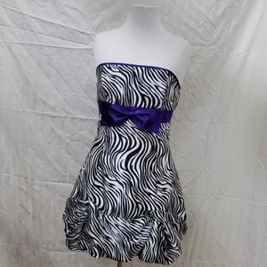 Strapless zebra satin dress with purple bow